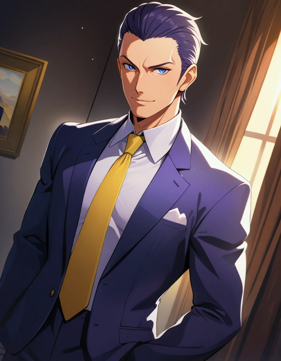 1man, dandy president, solid mature, spiked slicked back, darkblue eyes, businessman hairstyle, olive hair, ideal ratio body proportions, BREAK 50yo, bold producer, toned gentleman, ordinary, high cheekbones, broad shoulder, square shaped face, masculine, ugly, BREAK violet formal jacket, purplewhite shirt, yellow necktie, BREAK sexy smile, cool emotion, romance, BREAK solo, upperlegs, smart expression, visual novel, 2000s, in eroge style, in persona style, BREAK depth of field, dutch angle, cinematic shadows, cinematic lighting, lens flare, light leaks, texture, absurdres absolutely resolution, extreme all detailed, greatest painting, BREAK masterpiece, best quality
