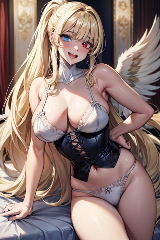 ((ponytail)), (((Heterochromia iridum))), barefaced, fair skin, Very detailed、highest quality、Best image quality、masterpiece、8k、Anime Face、A kind smile、Open Mouth、((Blonde long hair:1.5))、big breast, sexy、 beautiful body 、Cowboy Shot, ((wings)), ((red eyes)), ((blue eyes)), , hotel bedroom,side braid, ((white wings)), ((black wings)), ((white lingerie)),