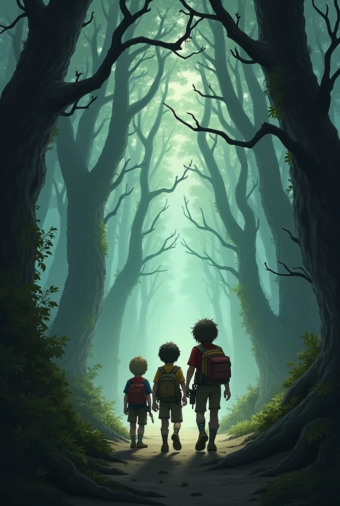Three brave boys, Ari, Ben, and Caleb, are venturing into a dark and mysterious forest