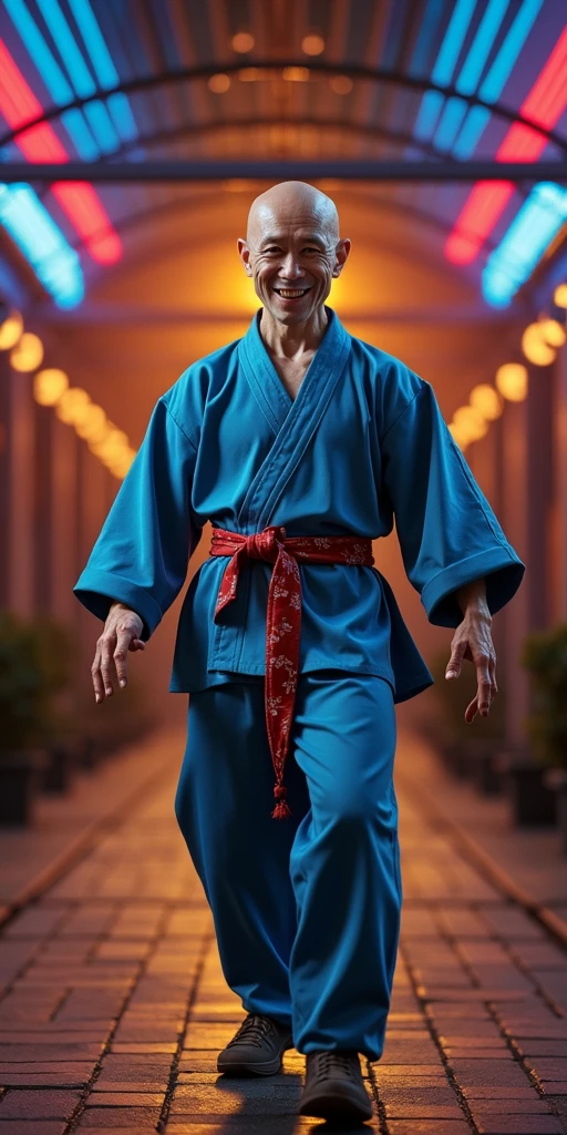 a master of martial arts,displaying his own skills.((laughing,trickster,theatrical,madness, jestering)),((pale blue, dark blue, red, rainbow colours)),(( Full figure wiew)). ((Three quarter wiew)),((deep wiew)),modern suburbs scenario background,photographic,ultra high resolution,hyperdetailed, masterpiece, 3d modelling, digital art.