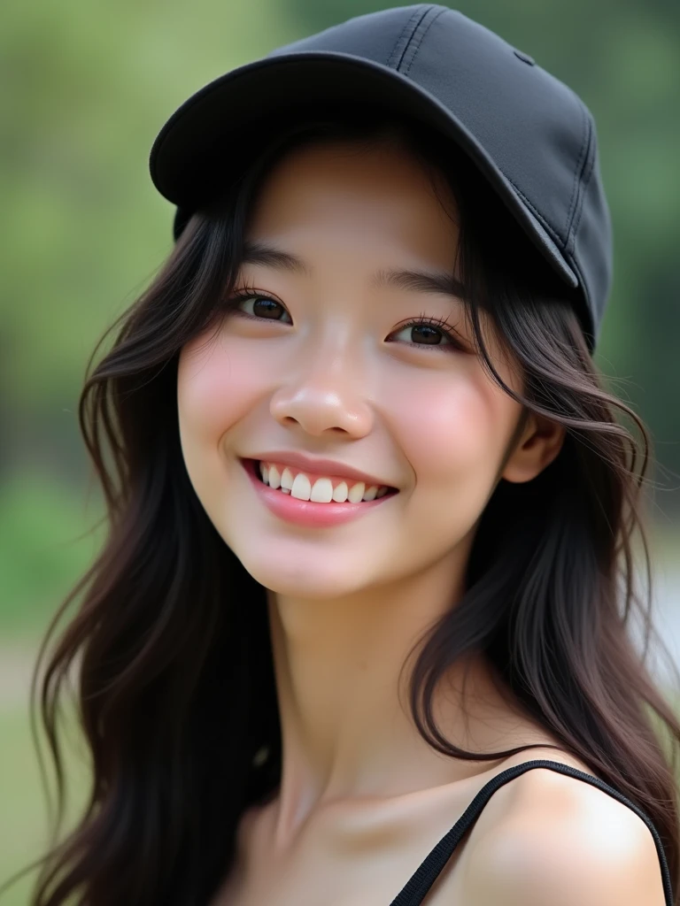 chinese girl 20 years old , with flawless face,bright smile,cute,beautiful,high quality beautiful,black hair ,with black bisbol hat,casual style ,natural