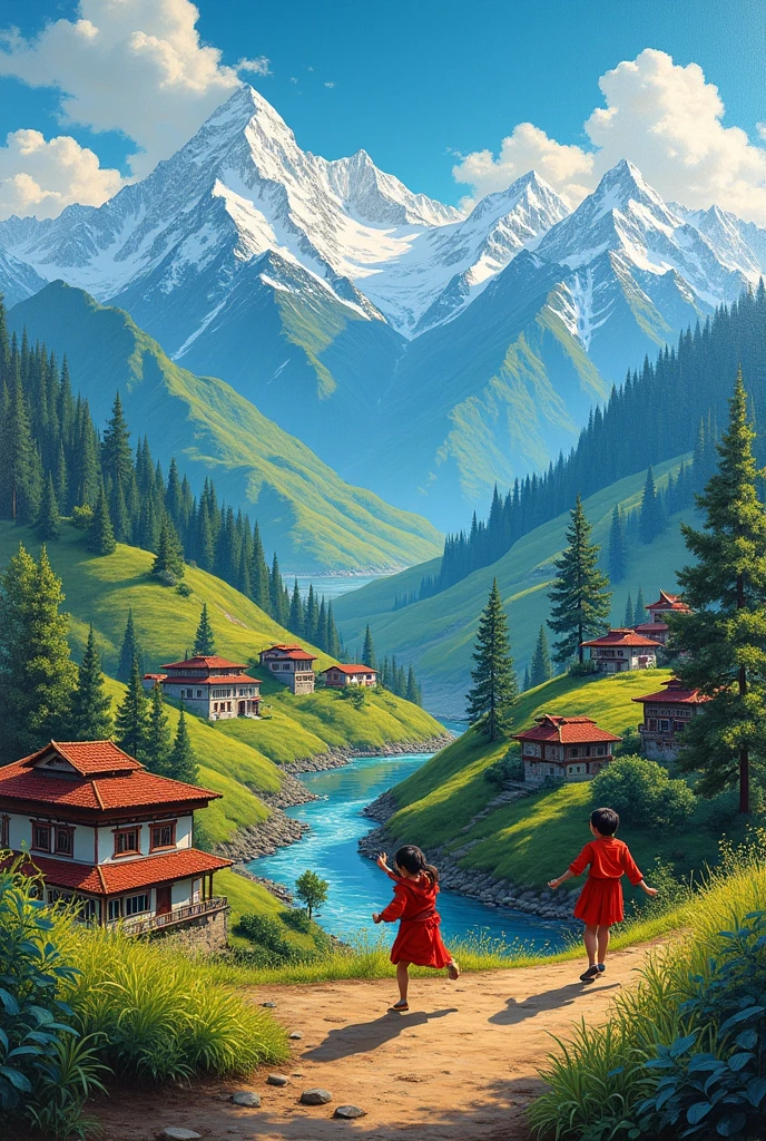 Create a acrylic oil painting in landscape size of a nepali scenic hills and mountains with nepali houses on the bottom near river and nepali kids playing around