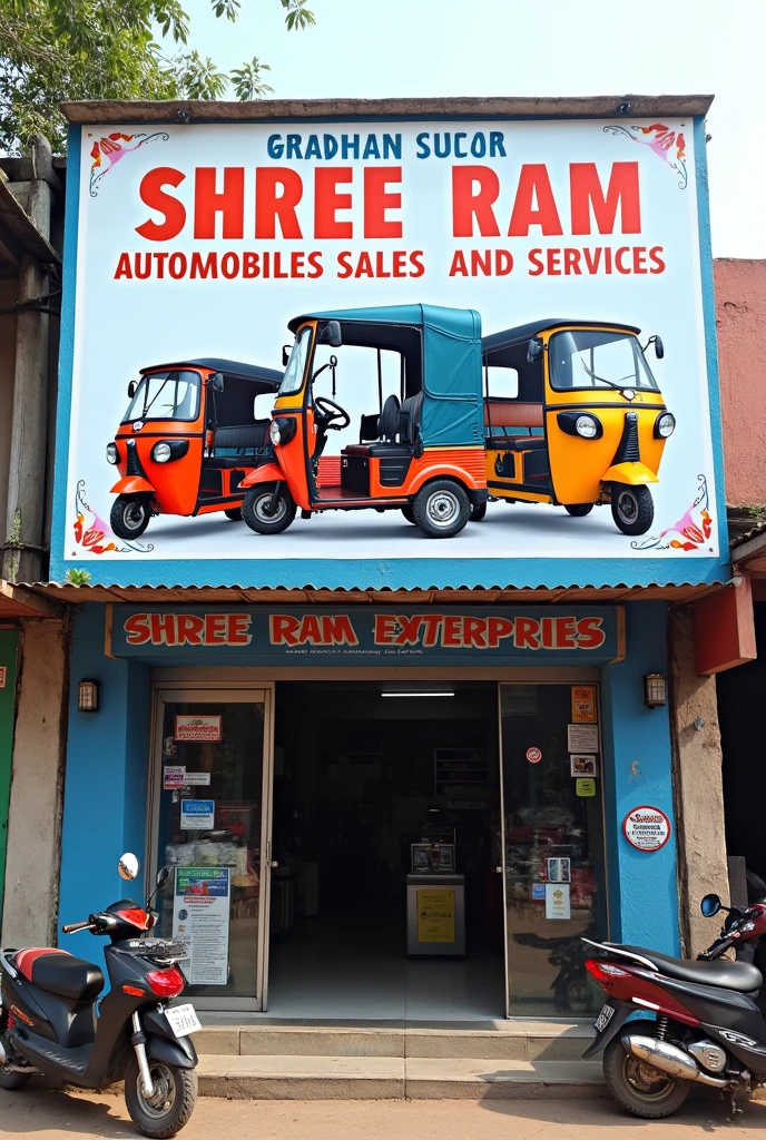 Prepare a shop hoarding design for e-rikshaw shop with name 'shree ram enterprises automobiles sales and services'