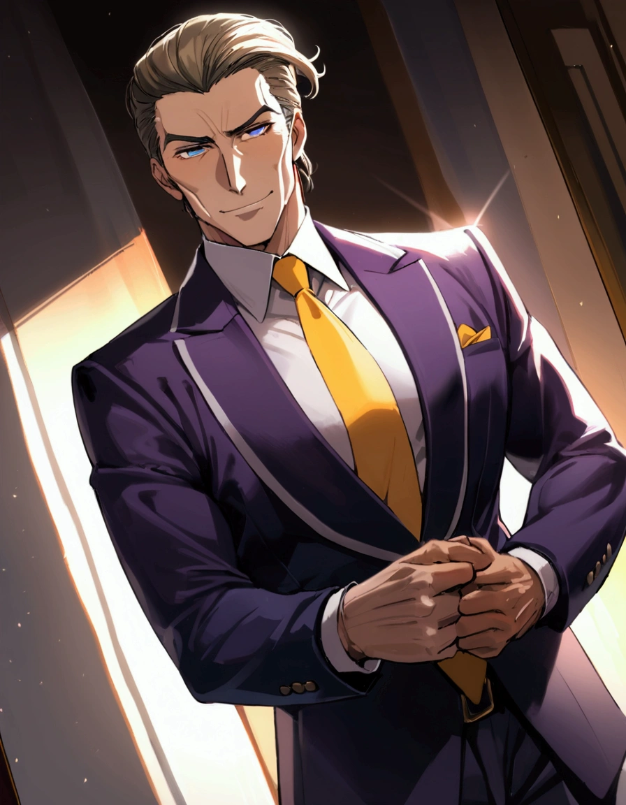 1man, dandy president, solid mature, spiked slicked back, darkblue eyes, businessman hairstyle, olive hair, ideal ratio body proportions, BREAK 50yo, bold producer, toned gentleman, ordinary, high cheekbones, broad shoulder, square shaped face, masculine, ugly, BREAK violet formal jacket, purplewhite shirt, yellow necktie, BREAK sexy smile, cool emotion, romance, BREAK solo, upperlegs, smart expression, visual novel, 2000s, in eroge style, in persona style, BREAK depth of field, dutch angle, cinematic shadows, cinematic lighting, lens flare, light leaks, texture, absurdres absolutely resolution, extreme all detailed, greatest painting, BREAK masterpiece, best quality