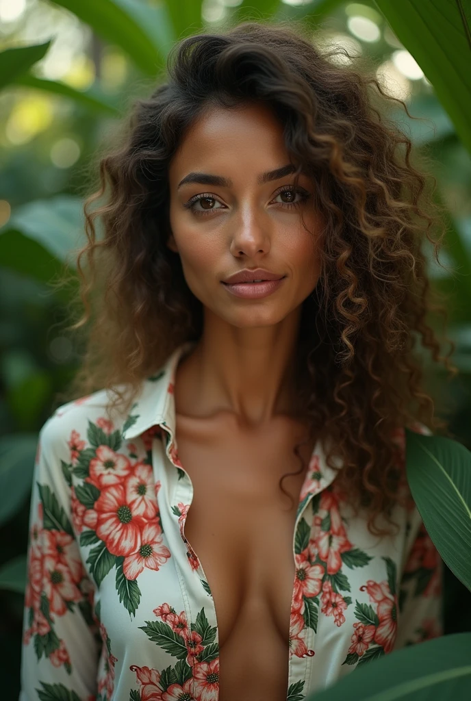 A Brazilian woman in a lush tropical garden, wearing an open shirt with a floral print, with a close-up capturing the harmonious beauty between her breasts and the natural flowers, showing off your natural charm and outgoing personality.