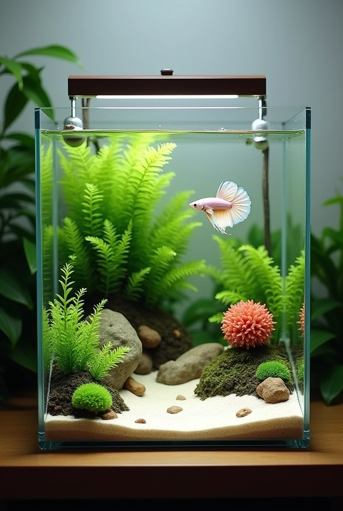 aquascape that consists a 5 gallon rectangle tank, aquatic plant java fern, 2 marimo balls, some river stones, a light colored hard sand substrate and maybe colored background with good lighting. Also put a light color betta fish that suits to be inside it. Focus on the aquascape arrangements