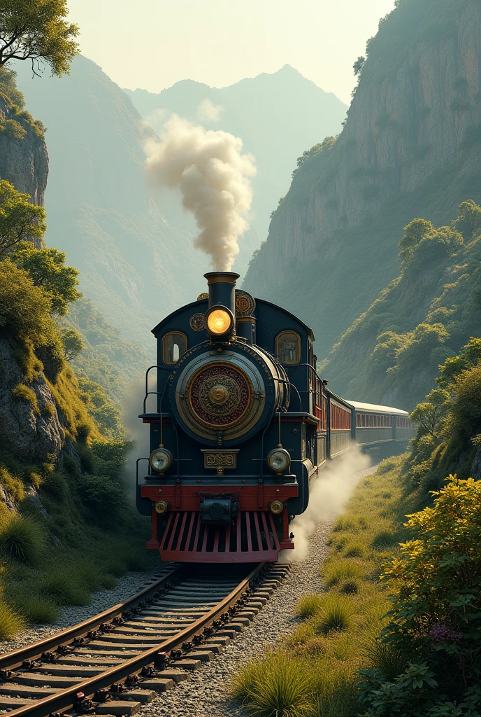 A Indian old train in morning with nature between mountains and rivers 