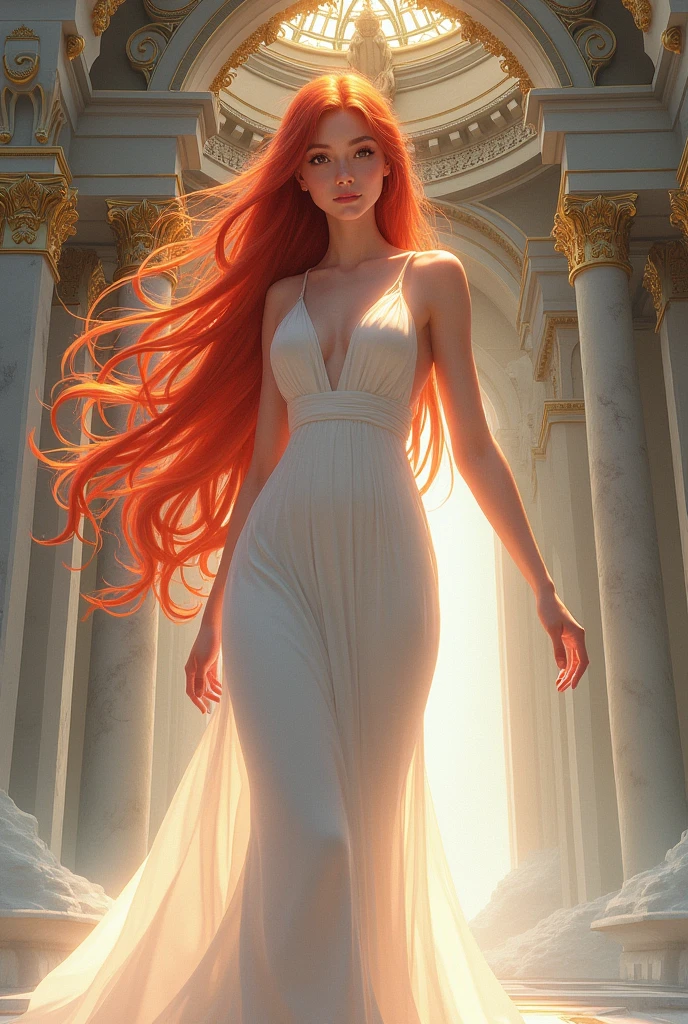 a woman in a white dress posing in front of a building, Anime goddess, gorgeous goddess, extremely detailed artgerm, a beautiful fantasy empress, beautiful seductive anime woman, Greek goddess, artgerm. anime illustration, beautiful leo goddess, red-haired goddess, artgerm on artstation pixiv, young goddess, style artgerm