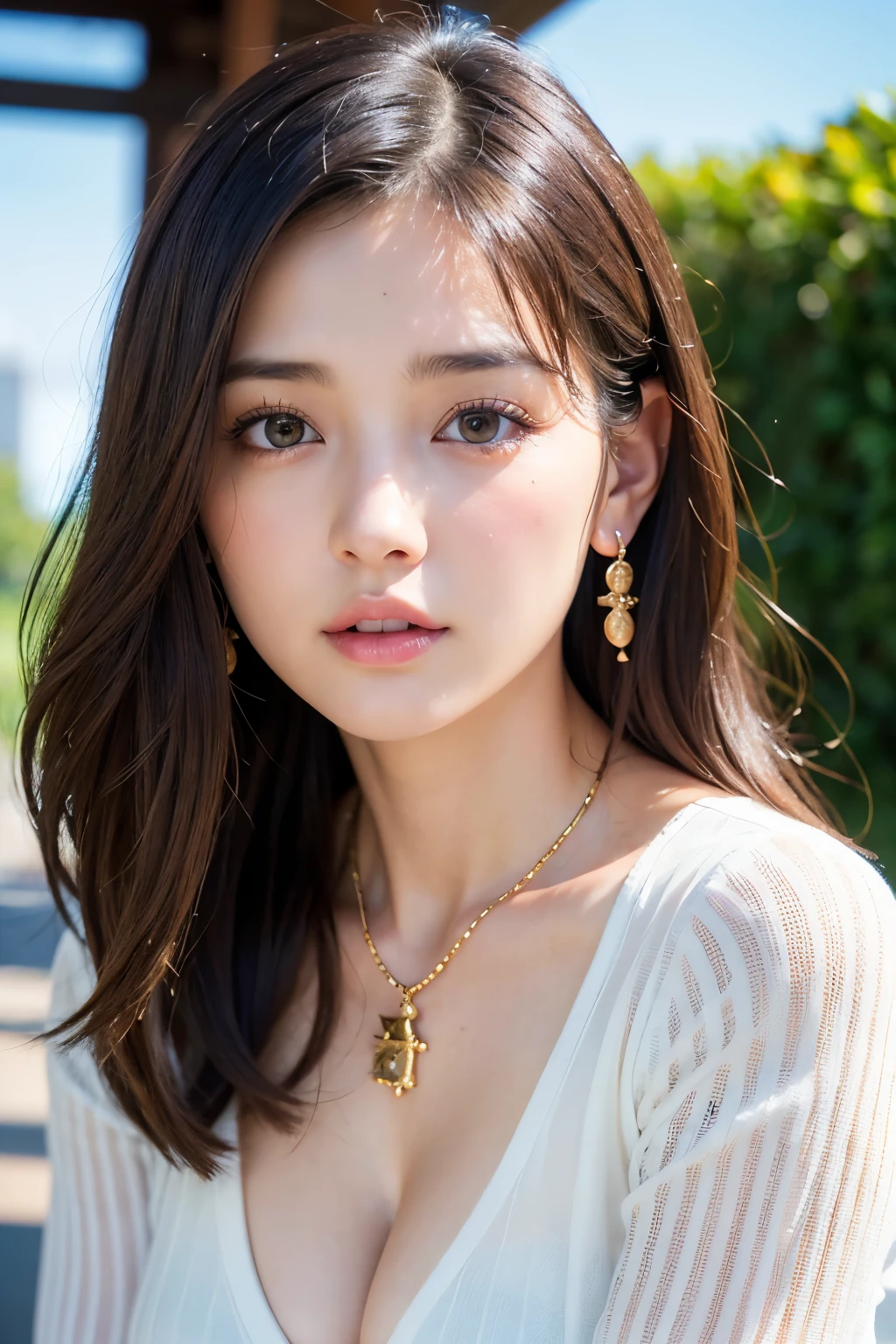 (Realistic, 8k, Top Quality, Masterpiece: 1.5, Best Quality, Illustration, Ultra-detailed, finely detail, high resolution, 8K Wallpaper, Perfect dynamic composition, Beautiful detailed eyes), (office casual summer clothes:1.5), Natural Color Lip, walking street:2.0, 20 years girl, sweaty skin:1.3, (beautiful detailed face and eyes:1.5),dark brown hair, medium long hair:1.2, (Highly detailed face and skin texture, Highly detailed lip texture, Beautiful detailed eyes, Raw Photo), (Very Delicate and Cute Japanese Girl:1.5), (1 girl), Perfect Style, necklace, earrings, handbag:1.2, realistic shadows, sexy cleavage, (Emphasis beautiful sexy Legs:1.5)