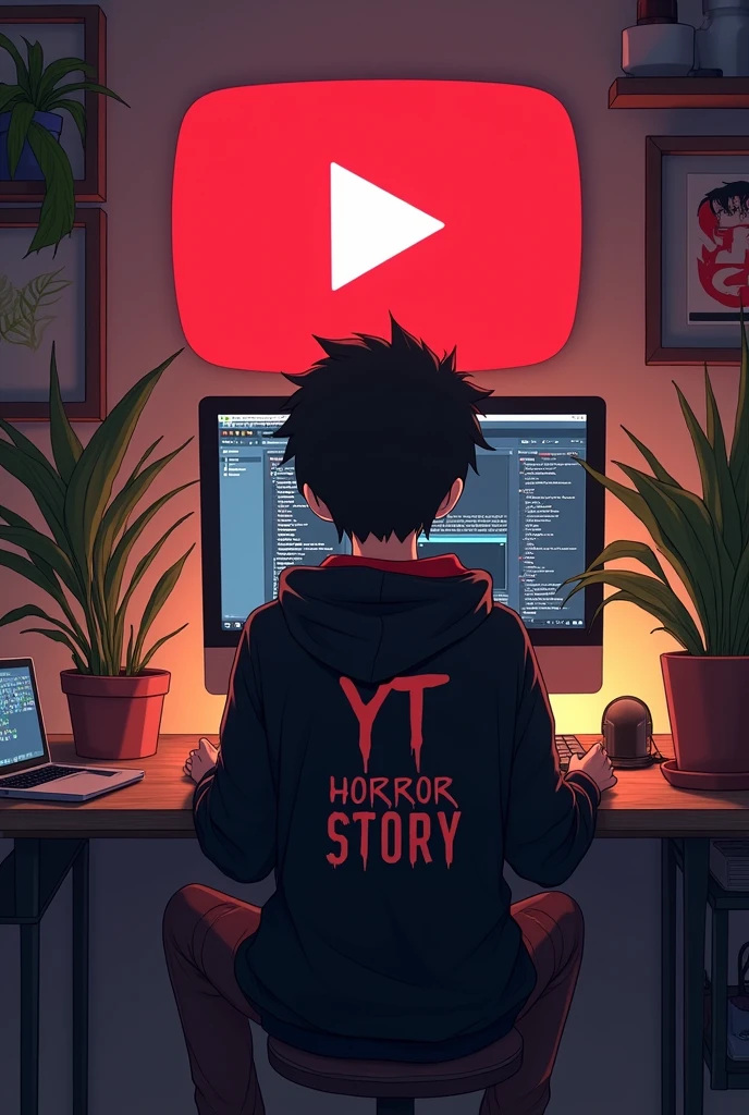 Create a image of "A 18 years anime boy sitting in front of a computer desk with a microphone and laptop, wearing black and red hoodie with the Channel Name on it "yt horror story". The background includes a large YouTube logo on the wall, potted plants on either side, and various recording equipment." For YouTube receive