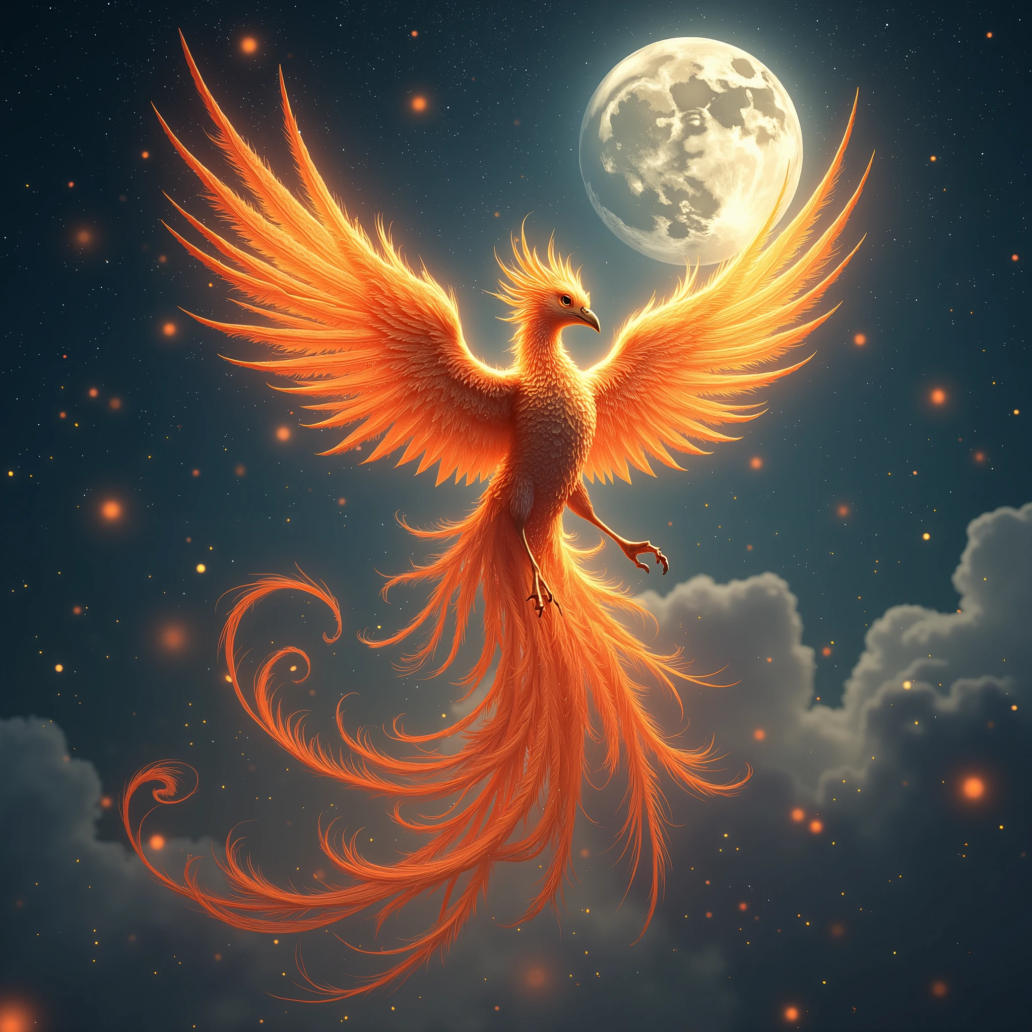 Under a sky awash with stars, a phoenix dances amidst the celestial tapestry. Its fiery form leaves trails of stardust in its wake, each movement imbued with an ethereal grace. The moon bathes the scene in an otherworldly glow, highlighting the intricate patterns woven into the bird's plumage. This is a phoenix in its element, a creature of both fire and sky, celebrating its existence in the heart of the cosmos.