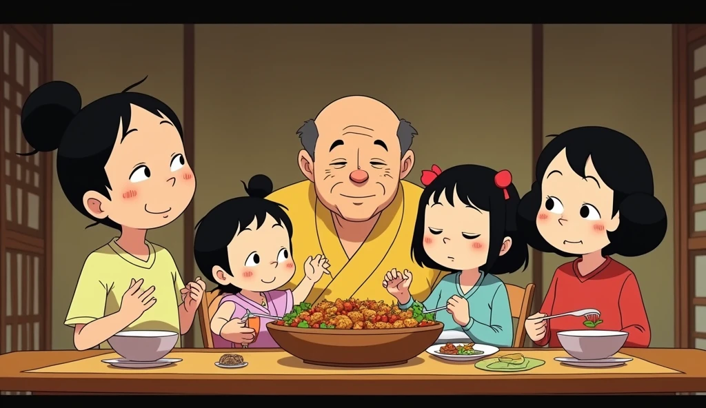 a big family sitting at the table having a big meal, studio ghibli art style, studio ghibli art style, studio ghibli art style, studio ghibli art style