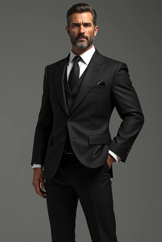A men with breard standing in formal black suit with great personality with good body