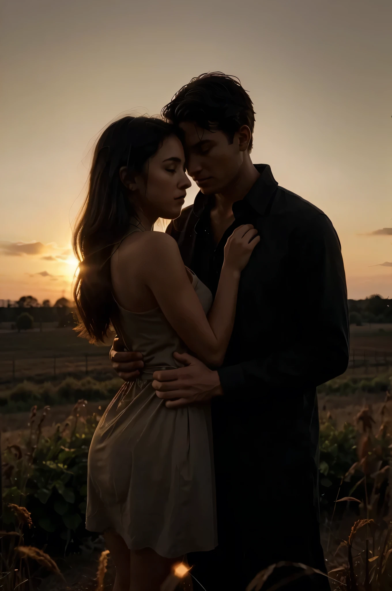  place dark, well-defined silhouettes of a young man and woman in a sensual, engaging pose. The woman should be leaning slightly towards the man., with her hands resting on his chest, as he holds her by the waist. Silhouettes should be prominent and take up most of the cover, suggesting intimacy and desire. Inside the silhouettes, enter a dirt road that winds through a field, leading to a farmhouse in the background. This detail should only be visible within the silhouettes., representing a rural environment.The background of the cover should be illuminated with warm, golden tones that imitate a sunset.. The gradient should be soft and contrast with the dark silhouettes., creating a welcoming and visually appealing and sexy effect