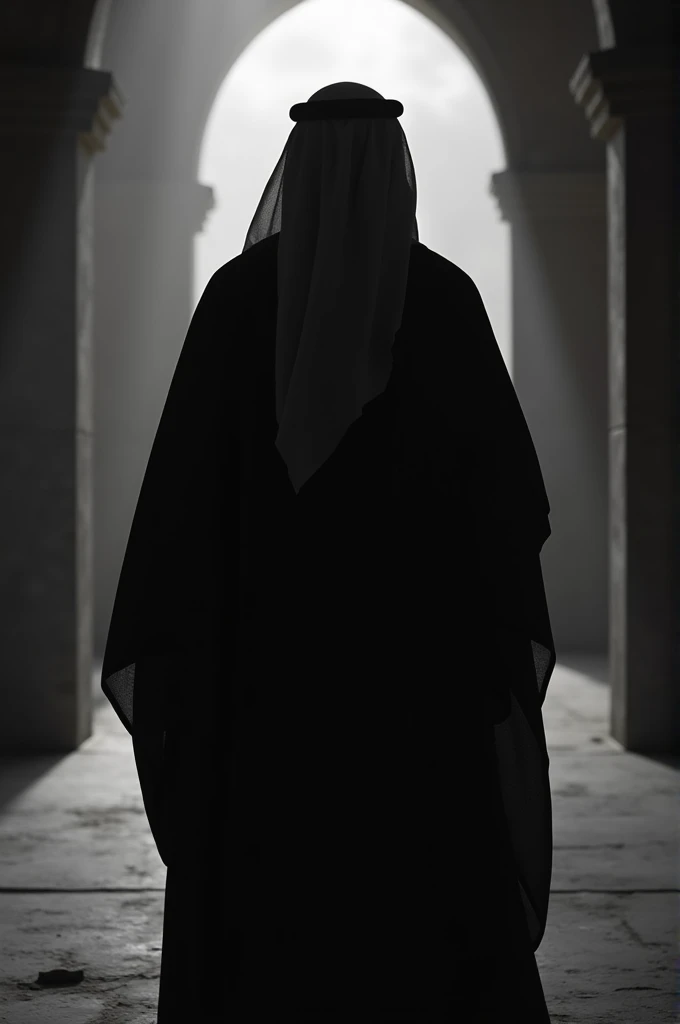 black shadow of an Arab man wearing ancient Arabic clothes, the camera faces his back