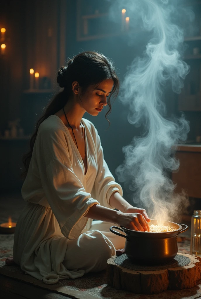 In this image, a woman is sitting in a dark room with smoke billowing around her. She is wearing light-colored clothing and smiles as she lifts the lid of a pot on a stove. There is light from candles in the background, giving the atmosphere a warm and mystical feel. This setting could allude to cooking or the preparation of medicine, which is important in some cultures.