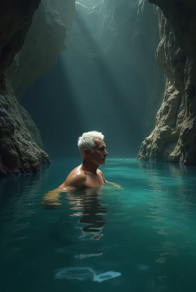 A men in the water in a cave
(Men should be seen clearly looking n other direction white hair no clothes half inside the water