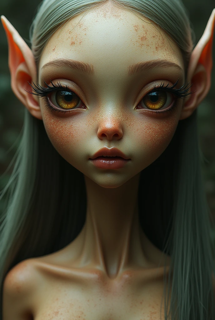person with Earth type face, Lotus eye, medium mouth size, fine silky straight long hair, forehead with downward pointed hair line, wide forehead, normal low set brow bones, High eyebrows, eyebrows with tails pointed upwards, widely set eyebrows, eyebrows thick at start, long thick eyelashes, perfectly spaced eyes, dark brown eyes, shiny eyes, tip of ears higher than eyebrows, upper portion of ears is pressed inside horizontally, large ears, round and big ear tips, ears with big holes, long earlobes, naked, topless, ahegao face, Sharp teeth,