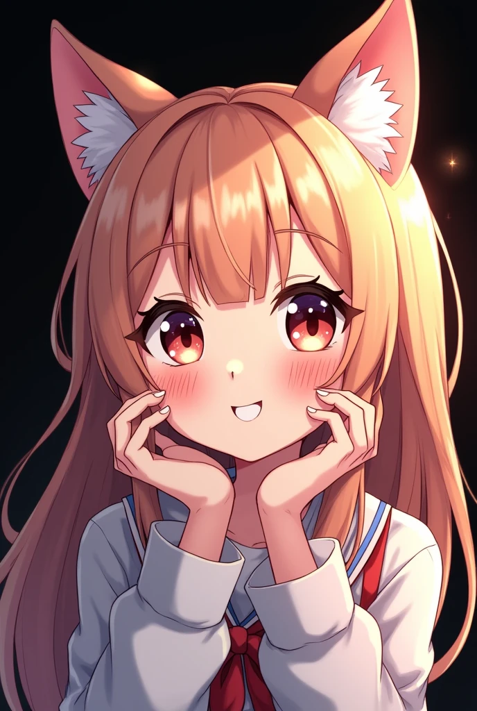 ear blush, by rubio, by the wide, swept bangs, Non-matching pupils, Sanpaku, cat ears, smile, animated style, tachi-e, High Definition, Black background