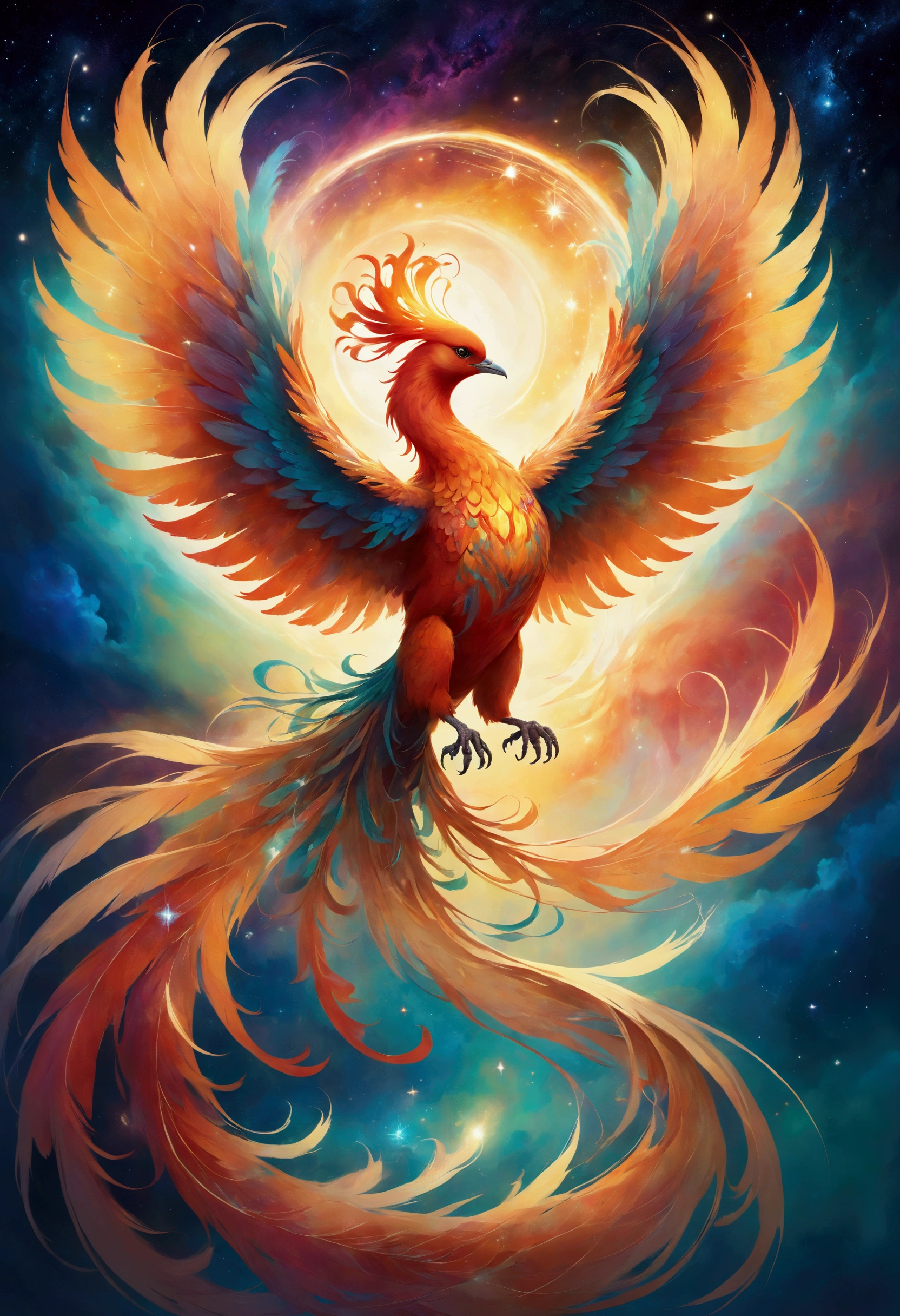 Under a sky awash with stars, a phoenix dances amidst the celestial tapestry. Its fiery form leaves trails of stardust in its wake, each movement imbued with an ethereal grace. The moon bathes the scene in an otherworldly glow, highlighting the intricate patterns woven into the bird's plumage. This is a phoenix in its element, a creature of both fire and sky, celebrating its existence in the heart of the cosmos.