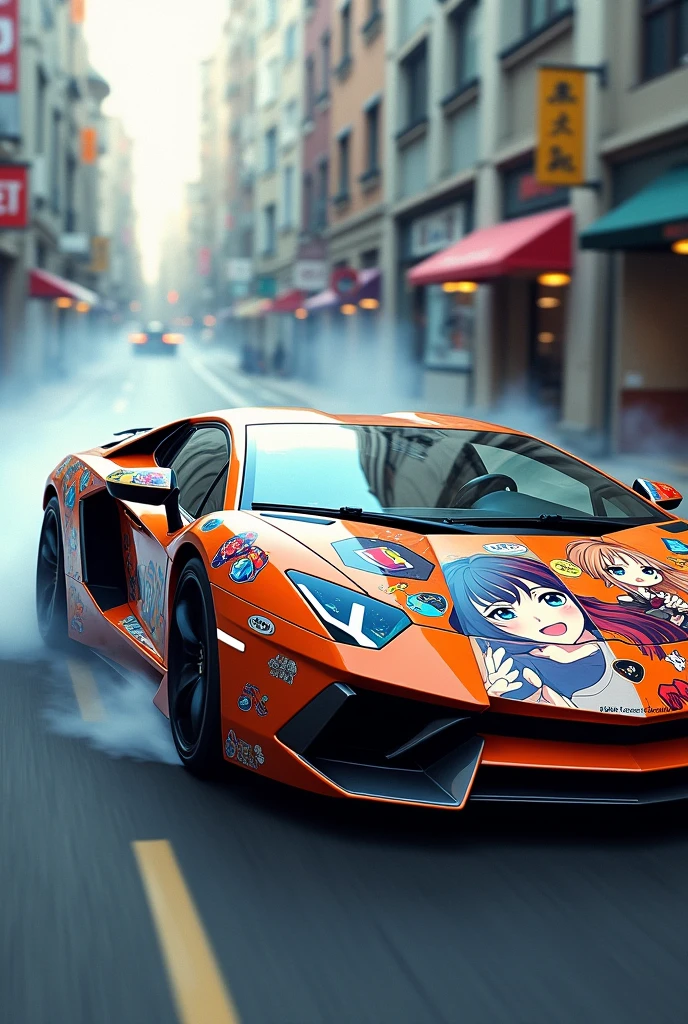 Lamborghini sideways with anime girl stickers