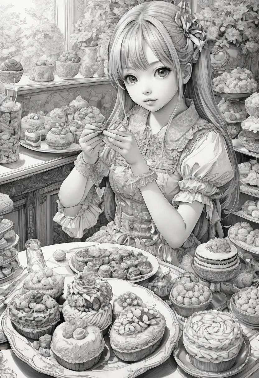 Anime Line Art, By Tsukasa Hojo, Eat sweets, sketch, Highest quality, masterpiece, so beautiful, Perfect composition, Intricate details, Very detailed, B&in