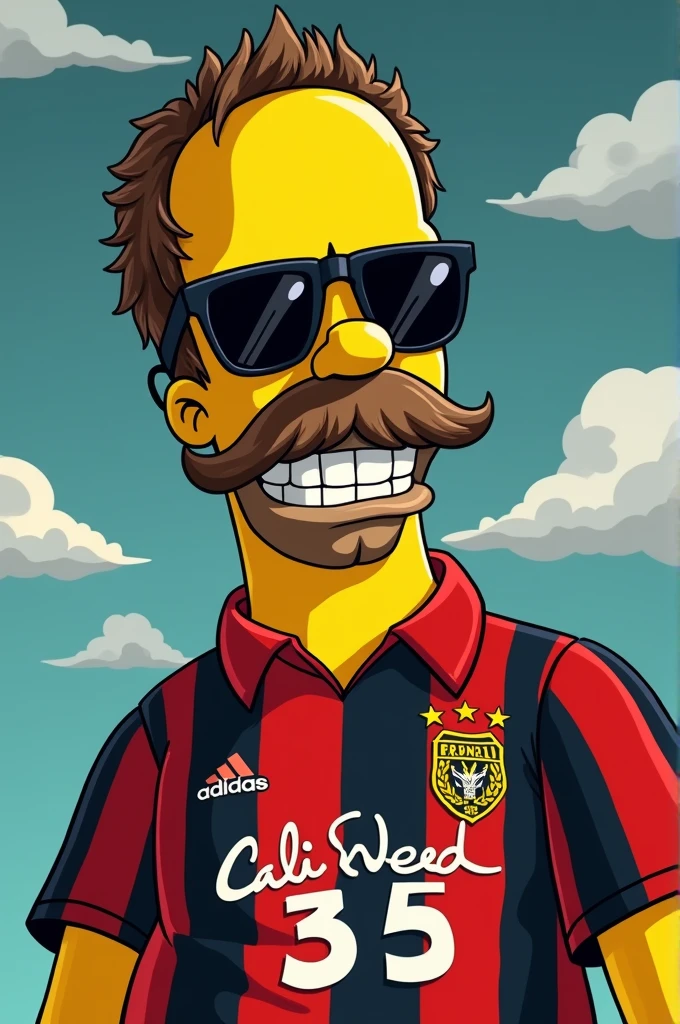 homer simpson en mode pablo escobar avec une moustache et une coupe de cheveux avec une paire de lunette noir avec un cigare dans la bouche et le maillot rouge et noir du stade rennais et sur le maillot ecrit au mileu Cali Weed 35 floqué en cartoon