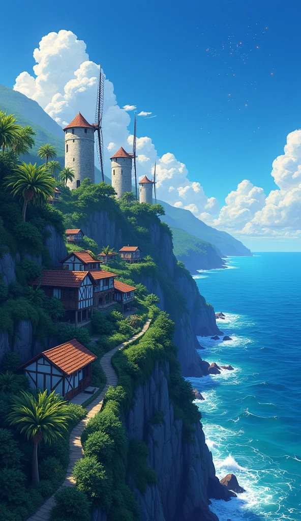 A serene coastal village on a cliff, with windmills and lush gardens, where villagers tend to their crops while gazing out at the endless sea. anime realistic illustration style serene and romantic.Hawaii, gta vice style , illustration , reteo comic illustration moody, melancholic, vibrant color, detailed, akira --ar 16-9 --niji 6 (brokeh effect) (fireflies glowing)( glowing dots)