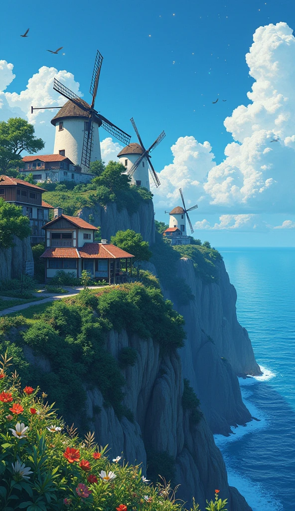 A serene coastal village on a cliff, with windmills and lush gardens, where villagers tend to their crops while gazing out at the endless sea. anime realistic illustration style serene and romantic.Hawaii, gta vice style , illustration , reteo comic illustration moody, melancholic, vibrant color, detailed, akira --ar 16-9 --niji 6 (brokeh effect) (fireflies glowing)( glowing dots)