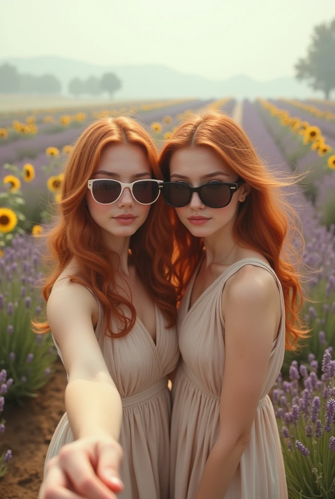 2 girl, redheadwear, sunglasses taking selfie in front of lavender and sunflower plantations.She wears a light ecru dress.. Foggy Estilo de David Hamilton.