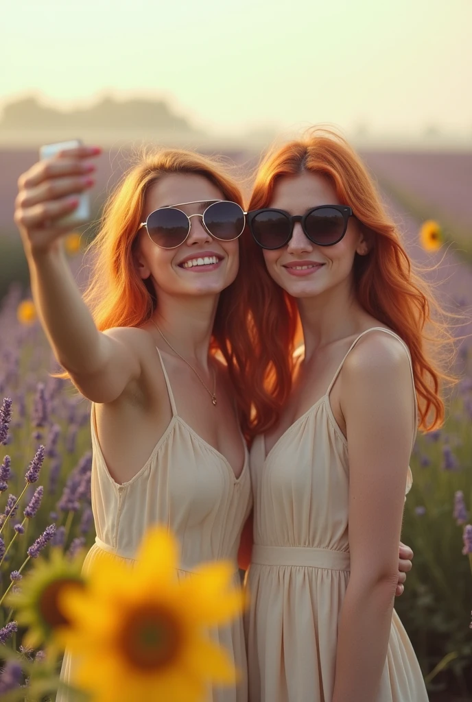 2 girl, redheadwear, sunglasses taking selfie in front of lavender and sunflower plantations.She wears a light ecru dress..  Foggy Estilo de David Hamilton.