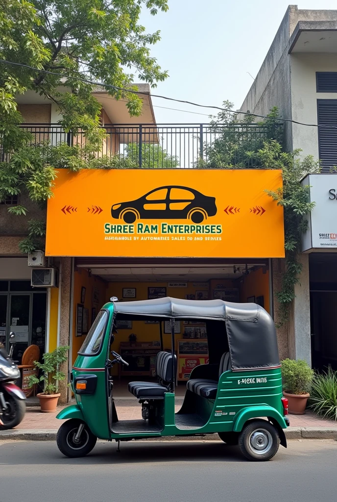 Prepare a unique creative shop hoarding design for e-rikshaw shop with name 'shree ram enterprises automobiles sales and services'