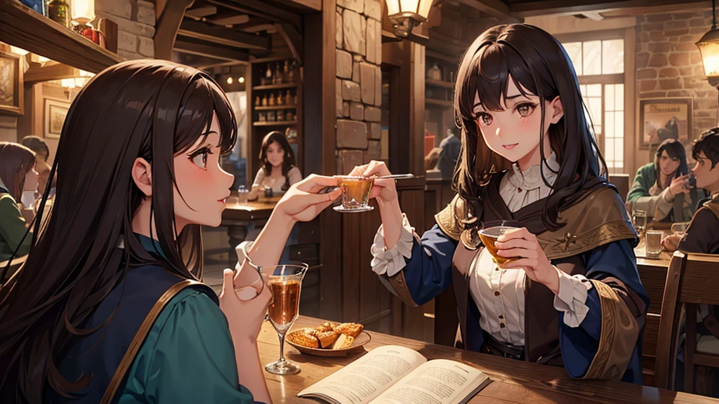 beautiful girl, Dark brown hair, Brown eyes, Dark Eyes, Fuller lips, middle ages, Wizard, Tavern, Having fun at a table with friends