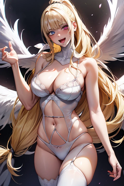 ((ponytail)), (((Heterochromia iridum))), barefaced, fair skin, Very detailed、highest quality、Best image quality、masterpiece、8k、Anime Face、A kind smile、Open Mouth、((Blonde long hair:1.5))、big breast, sexy、 beautiful body 、Cowboy Shot, ((wings)), ((red eyes)), ((blue eyes)), , hotel bedroom,side braid, ((white wings)), ((black wings)), ((white lingerie)),