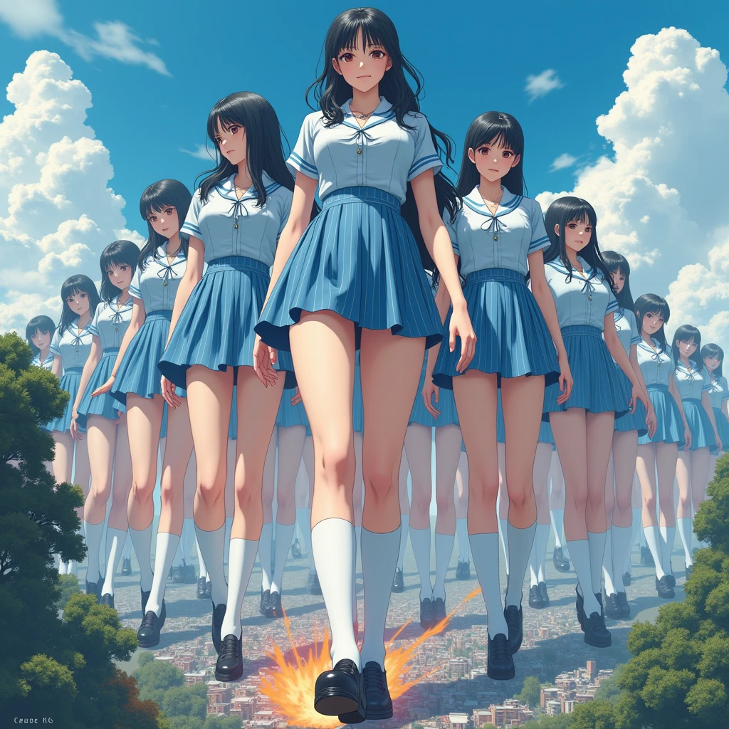 (((Best Super High quality giant Clone girls Raw Photography Art))), (((16K, Highest quality, Ultra-high resolution, RAW Photos))), (((((It's a very unrealistic and delusional worldview.))))), A high school girl with thick black hair, Light blue short sleeve uniform, Blue and white striped mini skirt, White socks, Black leather shoes, Very detailed美しい女体, Very detailed完璧な体の構造, ((Big Breasts)), (((A seductive smile))), (((((Extremely detailed depiction, Super huge beautiful girl, 5,000ft, High school girls are much taller than skyscrapers, The shoes worn by high school girls are bigger than skyscrapers))))), (((((A depiction of a group of gigantic high school girls looking down from high up in the sky))))), (((((small city, Super miniature city, The people in the town are tiny))))), ((((((((Highly detailed cloning depiction, 1giant girl-1,000giant clone-girls)))))))), (Very detailed, The detailed depiction of the proliferation of Clone-girls, ((With perfectly identical Clone-girls' bodies, With the exact same face as Clone-girls, With the exact same hairstyle as Clone-girls, Dressed exactly like the Clone-girls, Exactly the same height as the Clone-girls, 完璧にClone-girlsと同じ超Big Breasts), (((((1,000giant Clone-girls))))), ((There are so many gigantic high school girls that you can barely move your feet., A bunch of high school girls trample on a skyscraper, Kick a skyscraper down with your foot, Destroying cities, rubble scattered, Multiple explosions and smoke, All skyscrapers are destroyed)), City Survivors 0.001%, High school girls have fun