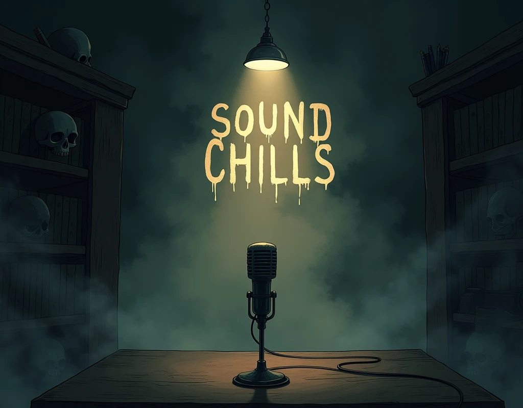 Make a dark room with a lamp above making it throw light towards the floor, the light reveals a microphone, from the microphone behind the microphone there are books, skulls and fog. Also behind the microphone is the title of "Sound Chills" and add more fog, The title should be in Spanish and very large.
