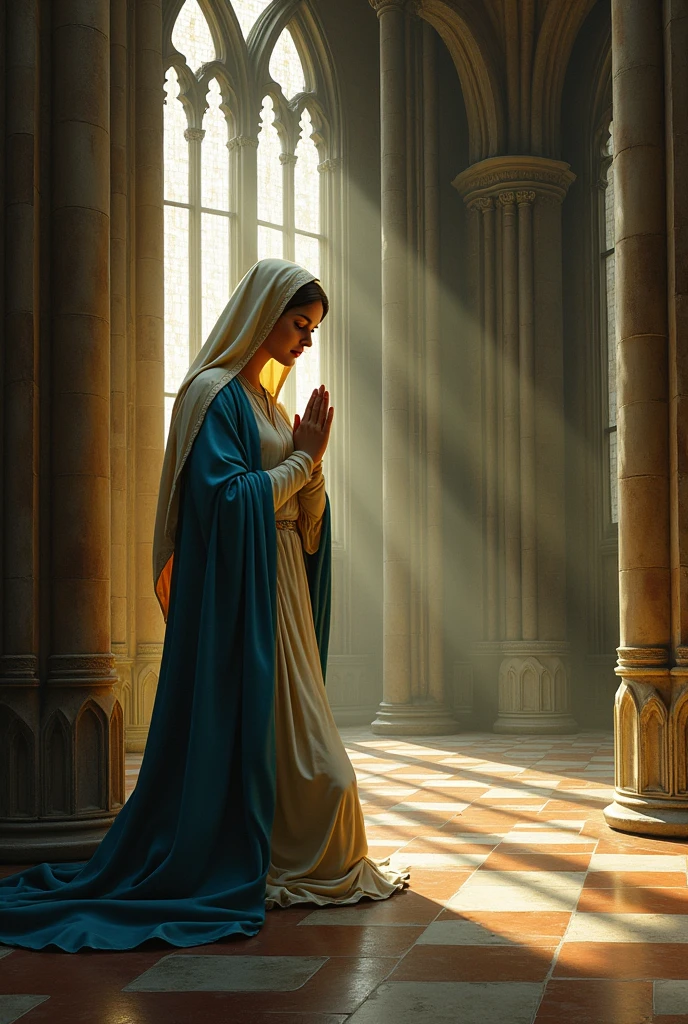 Virgin Mary praying, gothic church, window, Light and Shade, project on paper 