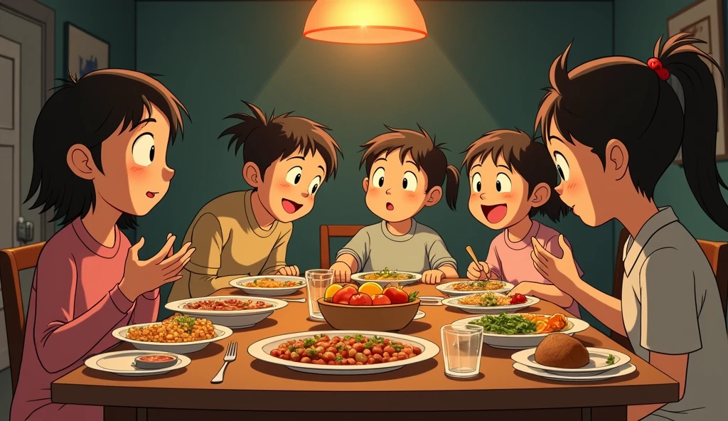 a large family of young adults sitting at the table having a large meal, studio ghibli art style, studio ghibli art style, studio ghibli art style, studio ghibli art style