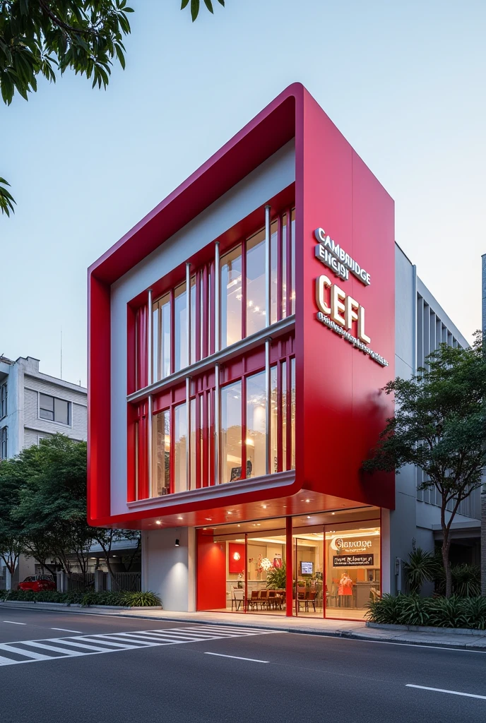 A CAMBRIDGE ENGLISH FOR LIFE CENTRE located at a city in Johor Bahru.  Red and white building with a huge CEFL board on entrance