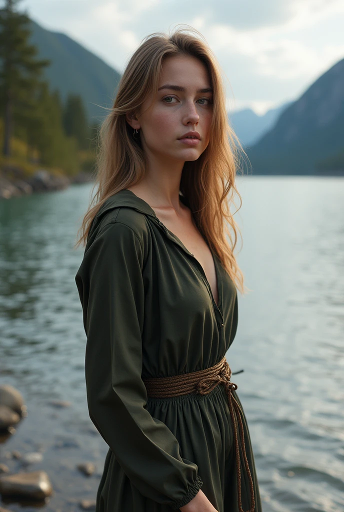 (photoréalisme:1.2) vue de loin de la tête au pied, au bord d'un fleuve norvegien, Describe a young woman aged 18, with a strong personality and possessing the following physical characteristics : long hair and beautiful physique. De plus, She is of French origin. Describe her appearance in detail.