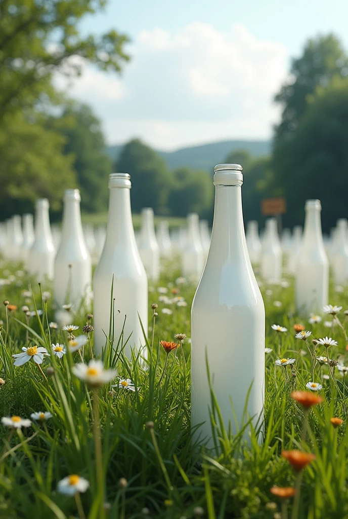 Create a meadow with 1000 unopened glass bottles in white glass. The glass bottles are said to be from the Nordhäuser Doppelkorn brand. A sign points to Harm's cornfield.