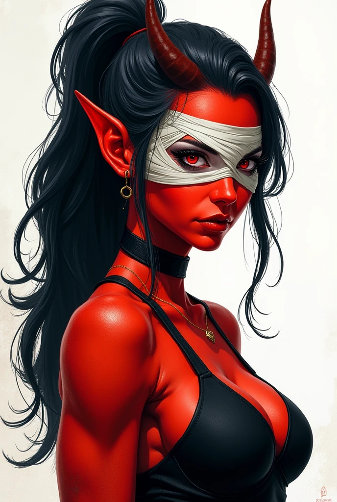 Drawing like image , tiefling woman, with read skin, black hair, small horns and  only her left eye is covered diagonally with bandages, she is strong like an warrior , make she look like an drawing  and Less realistic, and more like a drawing 

