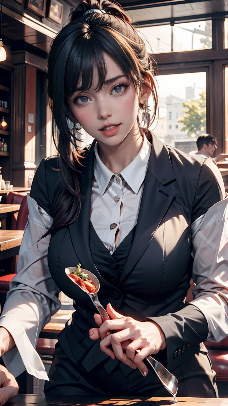 Girl with short ponytail wearing formal suit lying on restaurant table, Clear Eyes, Perfect body, (Looking down at the viewer:0.8), (Pure Eros Face_v1:0.2), Removable sleeves, Open your mouth, bangs, One person, Glowing Skin, (masterpiece;1.0), (Realistic:1.4), (Sharp focus:1.2),