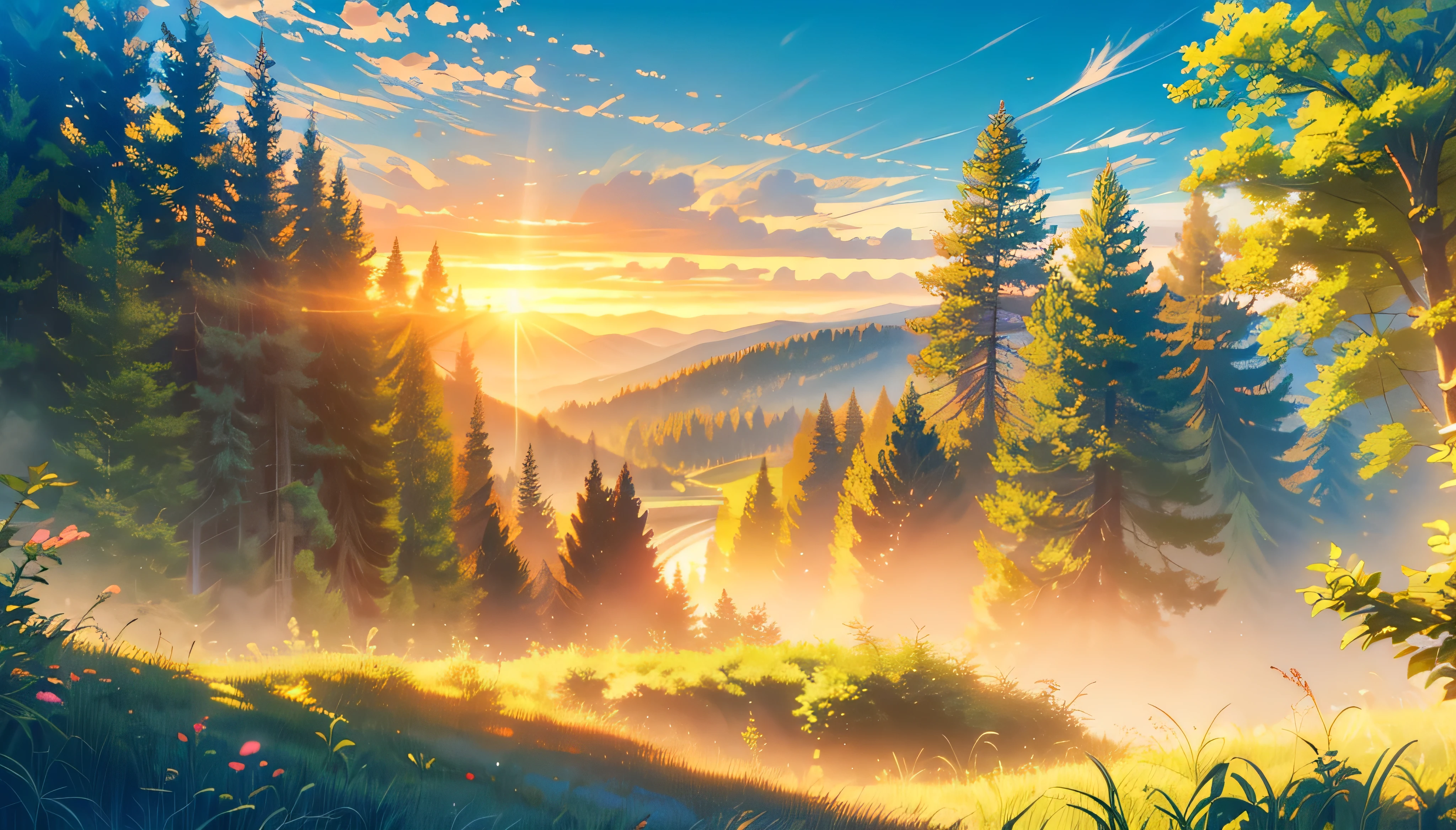 Use studio Ghibli style.Craft a peaceful sunset scene on a floating island in the sky, featuring a towering, mystical tree with deep green leaves that have warm red edges. The tree should dominate the left side of the image. In the background, depict a glowing sunset with the sun partially hidden by the edge of the island, casting a soft, golden light over the sky, which transitions from deep blue at the top to warm, golden hues near the horizon. Include a small, rustic wooden house in the mid-ground, surrounded by a simple wooden fence and nestled among other trees. The foreground should feature a vibrant green field with a dirt pathway leading to the house, adorned with colorful wildflowers. The scene should capture the sunlight filtering through the tree branches, casting gentle shadows and evoking a sense of calm. Make this in a piece of island floating in sky
 
