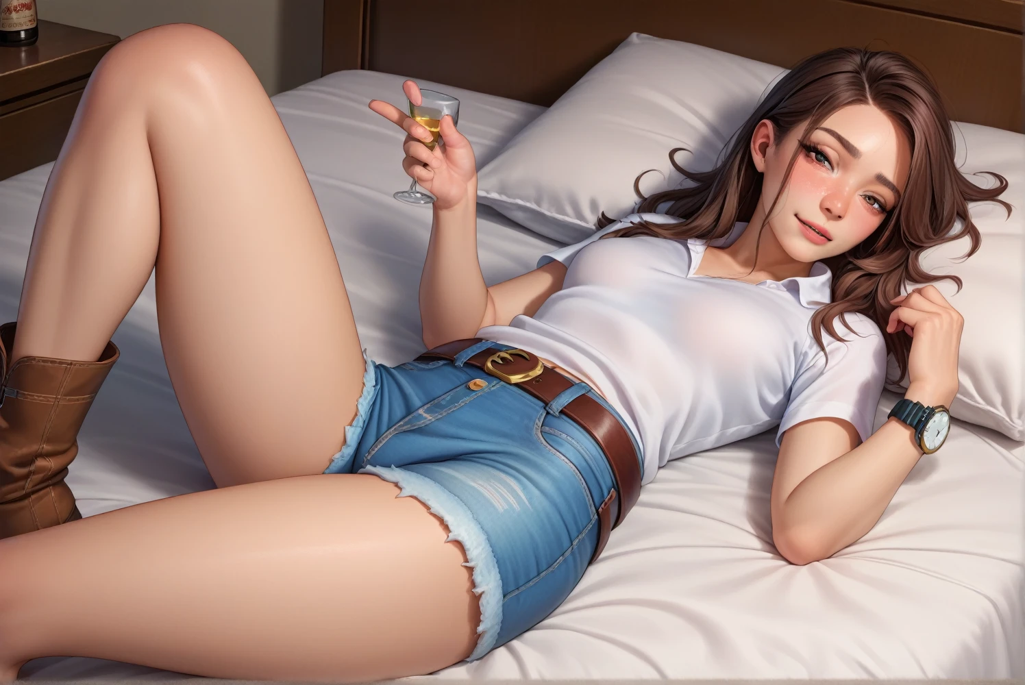 Sexy Cowgirl,Brown very short sleeve collared cowgirl shirt,Denim hot pants,Western belt with holster,Western Boots,Watch on wrist,Navel exposed,Drunk,Above the knee shot,Open your eyes,Lying in bed,Ultra-high resolution,16K