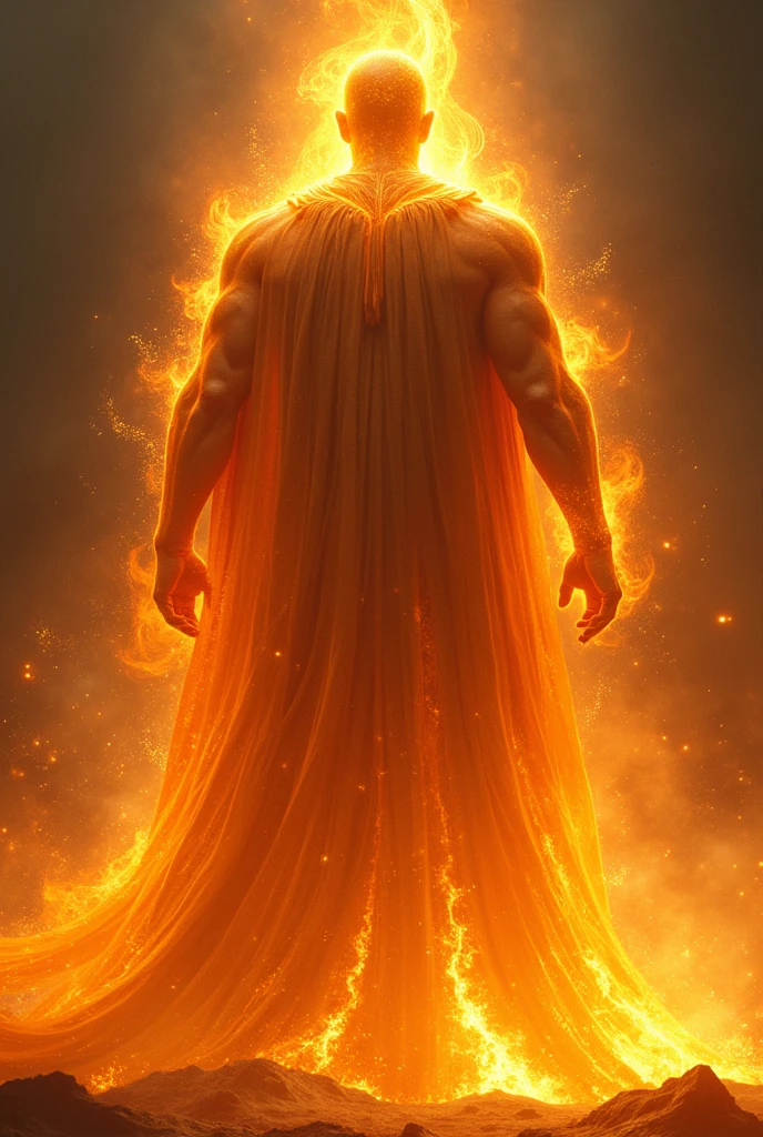 Generate images of the back of a giant man in a robe of fire and light