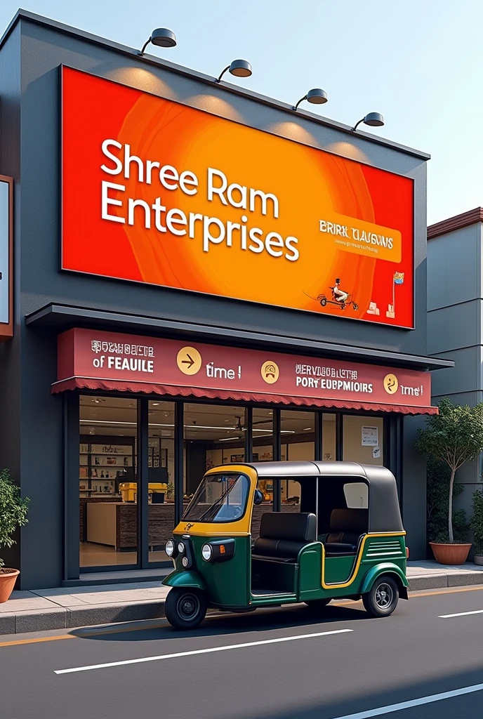 Prepare a unique creative shop hoarding design for e-rikshaw shop with name 'shree ram enterprises automobiles sales and services'