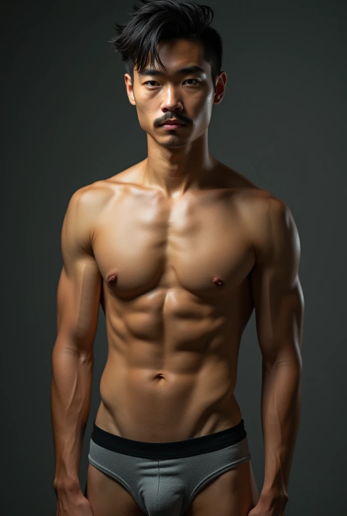 Handsome asian  shirtless in underware with mustache

