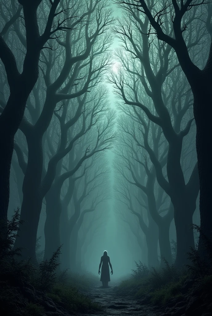 with tall, eerie trees and shadows everywhere.