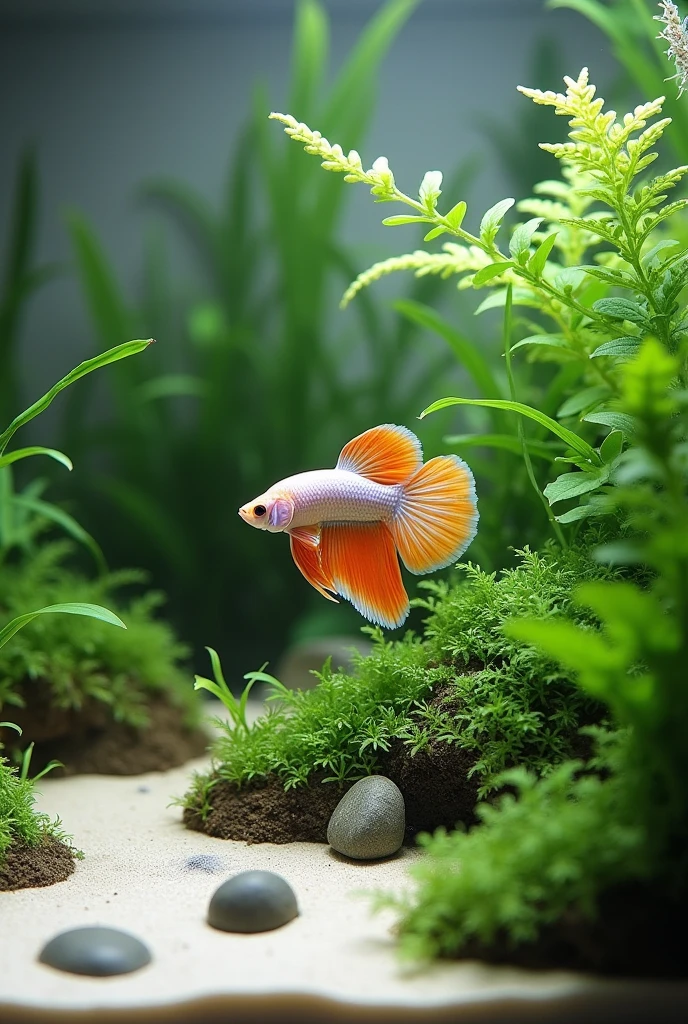 aquascape that consists a 5 gallon rectangle tank, aquatic plant java fern, 2 marimo balls, some river stones, a light colored hard sand substrate and maybe colored background with good lighting. Also put a light color betta fish that suits to be inside it. Focus on the aquascape arrangements